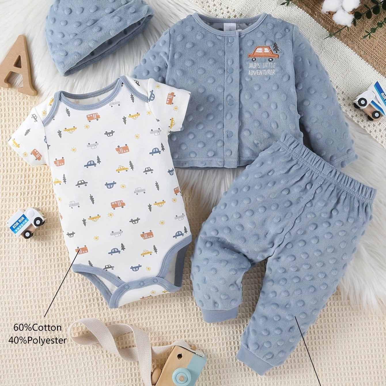 Autumn Winter Baby Jumpsuit 4 Piece Set With Cartoon Car Velvet Hat For Outdoor Play And Halloween Costumes