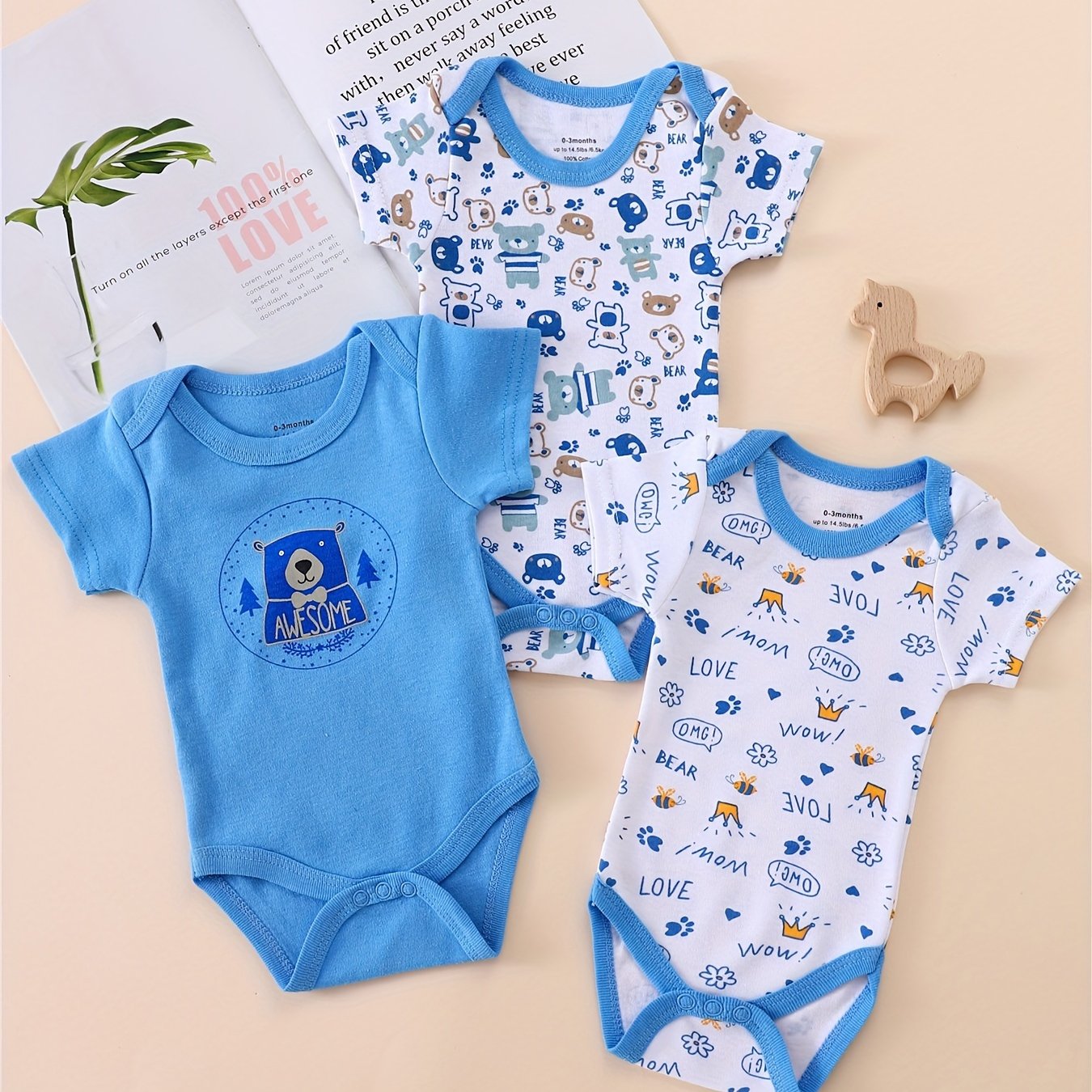 3pcs Toddler Boys' Short Sleeve Romper Set - Cute Lion Animal Print, Blue & White, Cotton, Round Neck, Summer Outfit with "LOVE" & "THANKS" Embroidery, Perfect for Spring/Summer, Clothes for Youngster, for Outdoor, Perfect fo