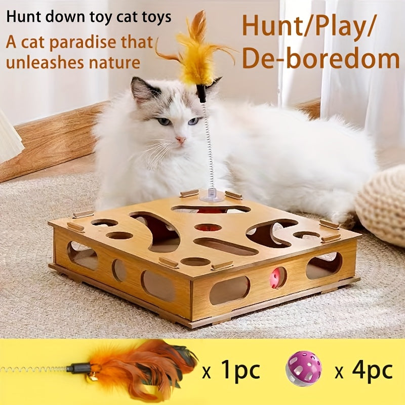 Interactive Cat Puzzle Maze Box for Sensory Training and Play - Durable Wooden Toy