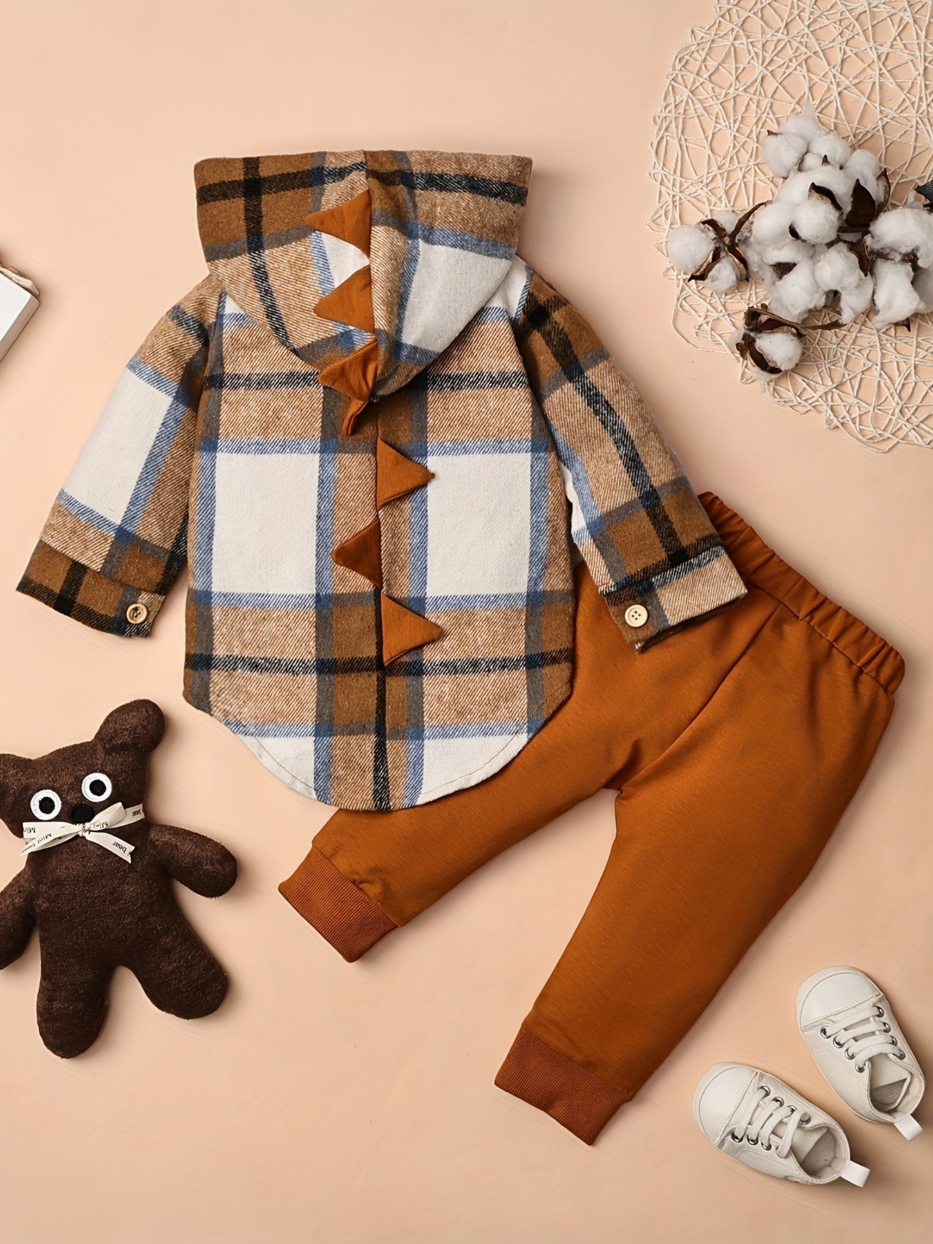 Toddler Boy Plaid Dinosaur Hoodie and Pants Set for Fall and Winter Ages 6 Months to 5 Years