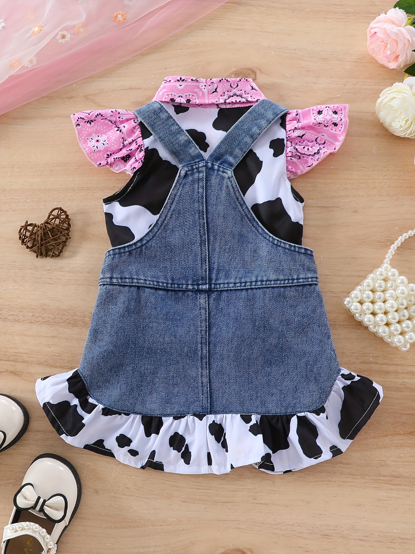 Adorable Girls' Cow Print Ruffle Sleeve Top & Denim Pocket Skirt Set - Machine Washable, Spring/Summer Collection, Children's Set, Cow Print, Leaf Edge, Denim Skirt, Perfect for Outdoor