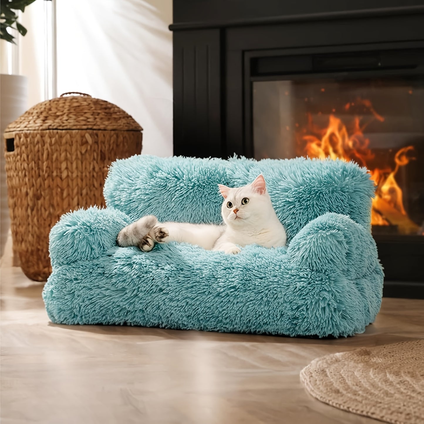MewooFan Plush Cat Sofa Bed for Cats and Small Dogs Soft Blue Indoor Comfort