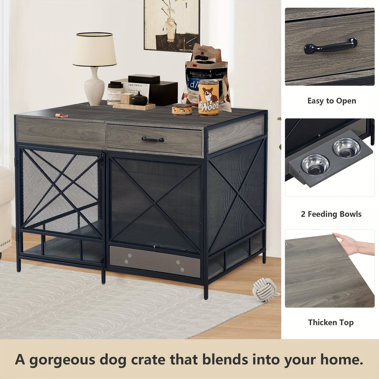 Large Dog Crate Furniture 47 Inch Wooden Kennel Indoor End Table with Drawer and Bowls