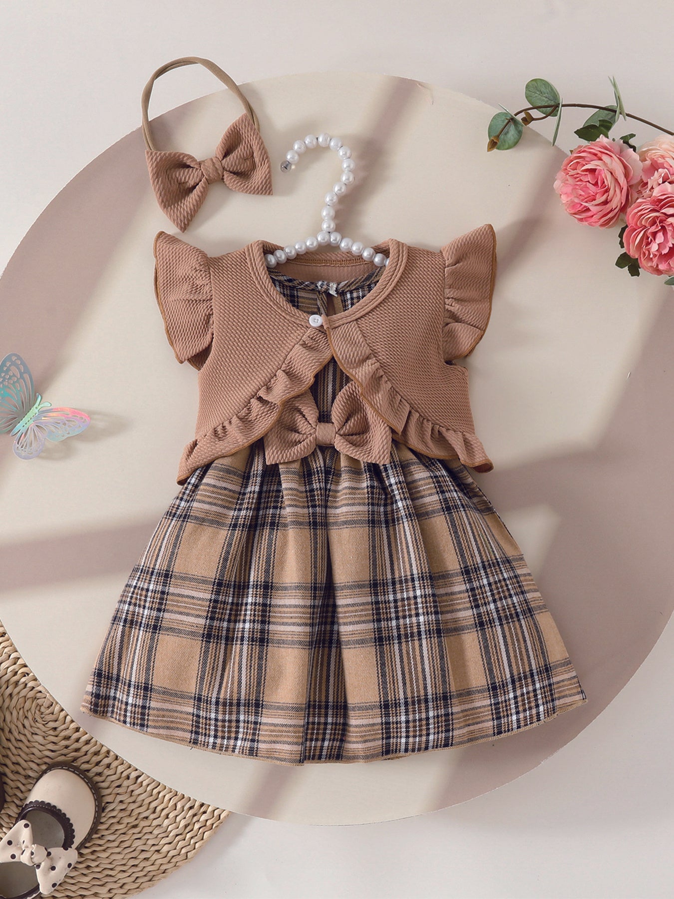Toddler Girl Plaid Dress Set with Bow Decor and Ruffle Sleeves for Spring Summer Fun