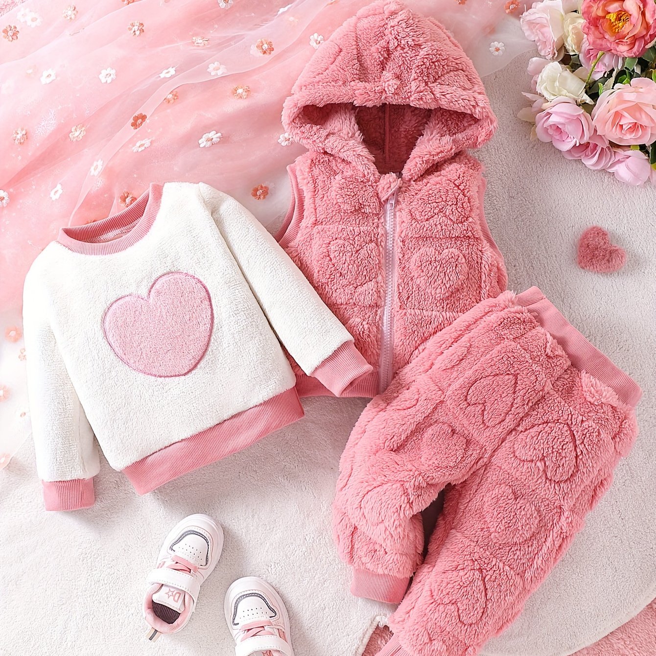 3pcs Girls And Babies Fashionable Plush Hooded Vest Top And Cuffed Trousers Set