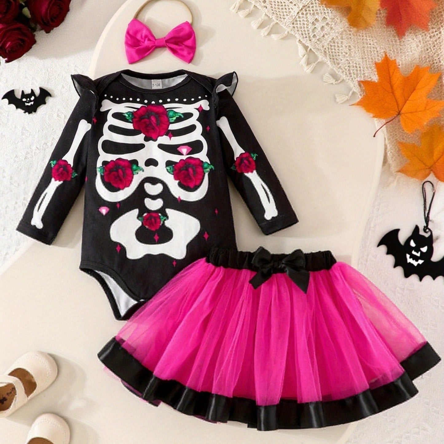 Halloween Skeleton Rose Three Piece Baby Girl Outfit Romper