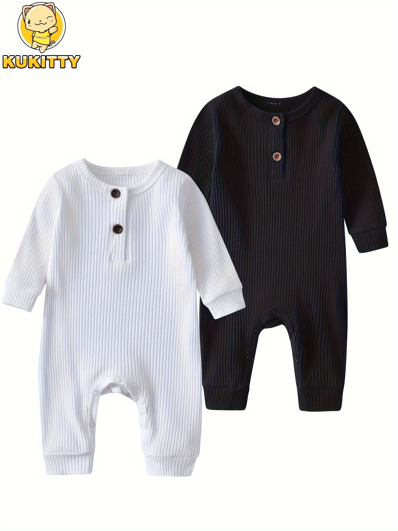 KuKitty Baby Boy Girl 2 Pcs Long Sleeve Solid Color Ribbed Romper Jumpsuit Outfits Clothes