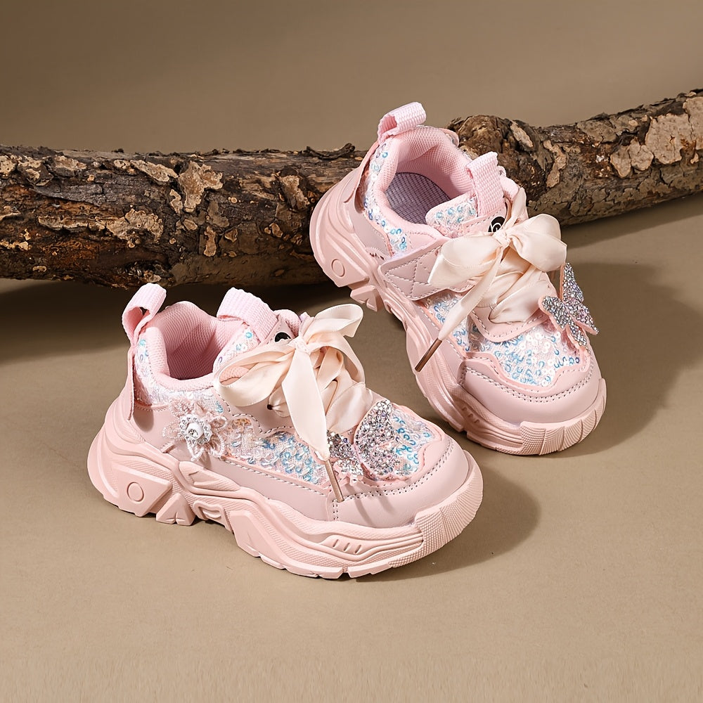 Sparkly Rhinestone Butterfly Bow Girls Sneakers Lightweight Cute Casual Shoes for Play