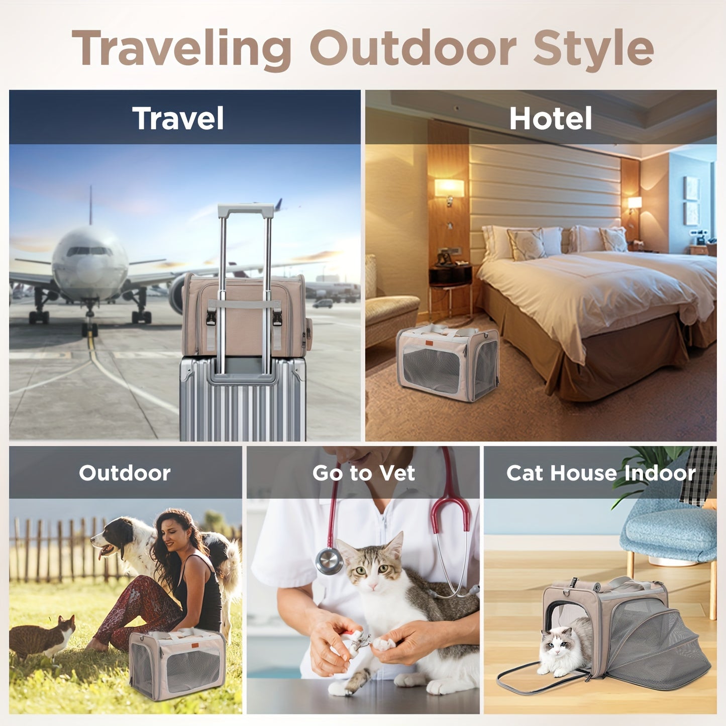 Airline Approved Expandable Soft Sided Pet Carrier for Cats Dogs and Bunnies in Khaki