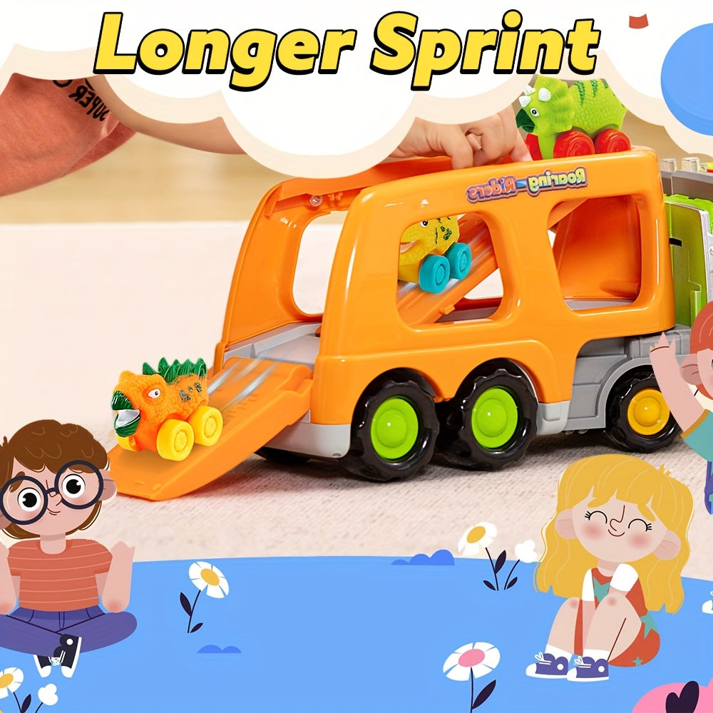 Dinosaur Truck Toy Car Carrier Set With Six Rubber Cars Music Lights Gift for Kids