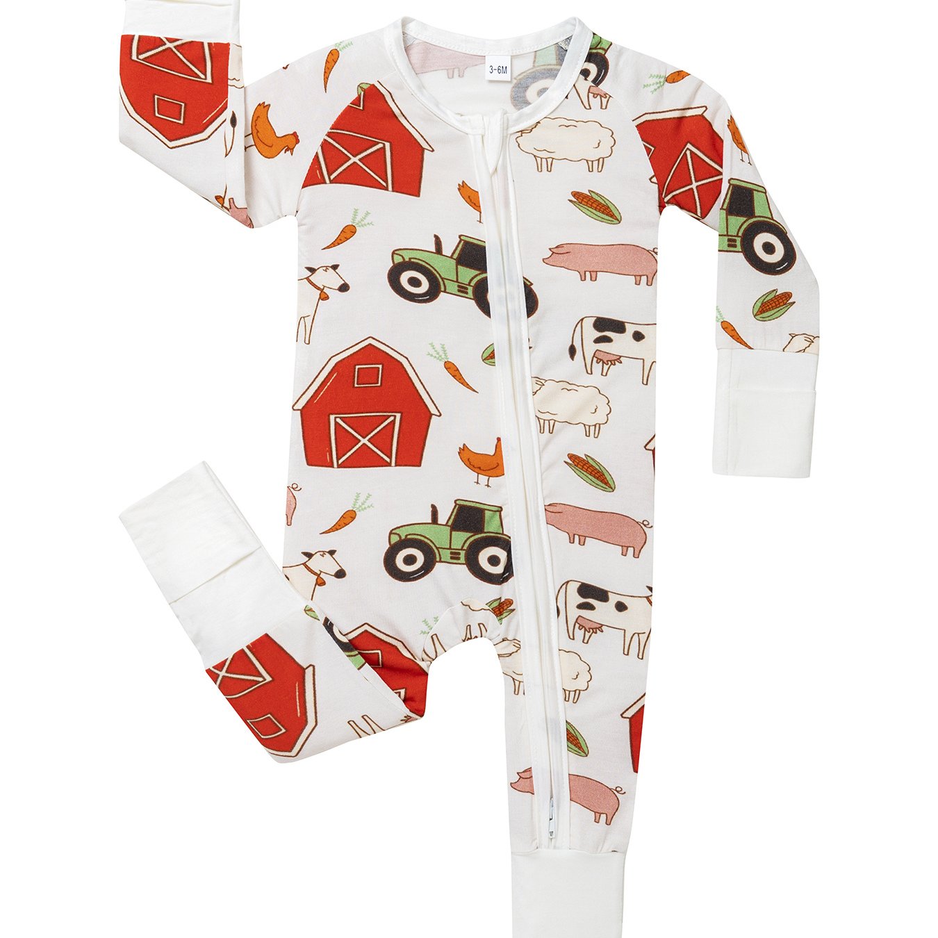 [Bamboo | Soft] Soft Bamboo Fiber Youngsters Romper | Long Sleeve, Zipper Closure, Anti-Grip Feet & Mitten Cuffs | Machine Washable, All-Season Comfort, Cartoon Farm Prints, Safe Youngsters, Bamboo Youngsters Clothes