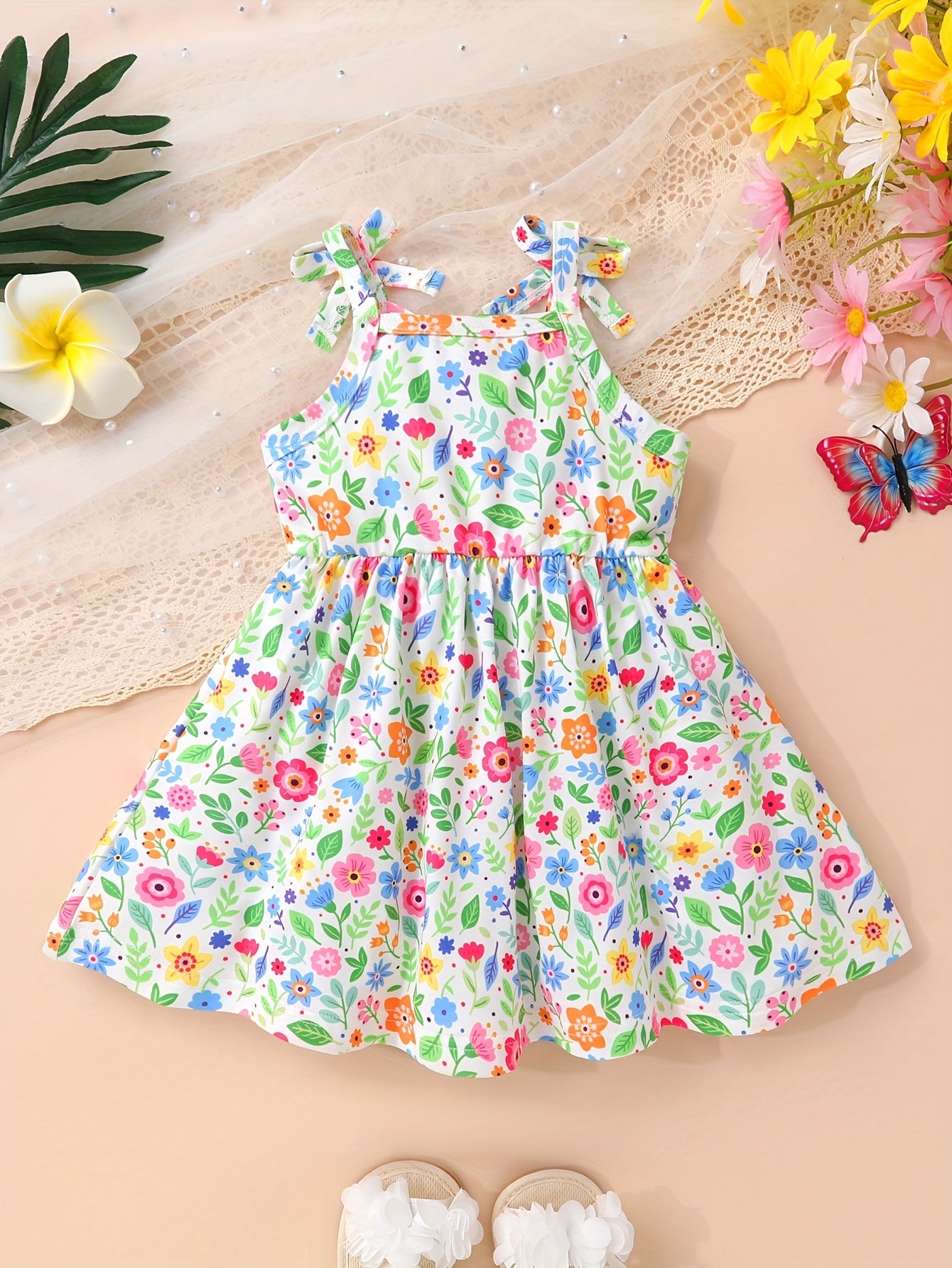 3pcs Soft, Breathable, Comfortable And Cute Baby Girl Solid Color Ribbed And Full Body Floral Print Bow Suspender Princess Dress Set