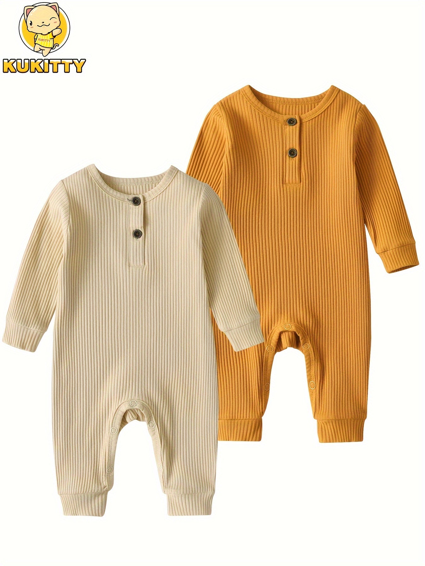 KuKitty Baby Boy Girl 2 Pcs Long Sleeve Solid Color Ribbed Romper Jumpsuit Outfits Clothes