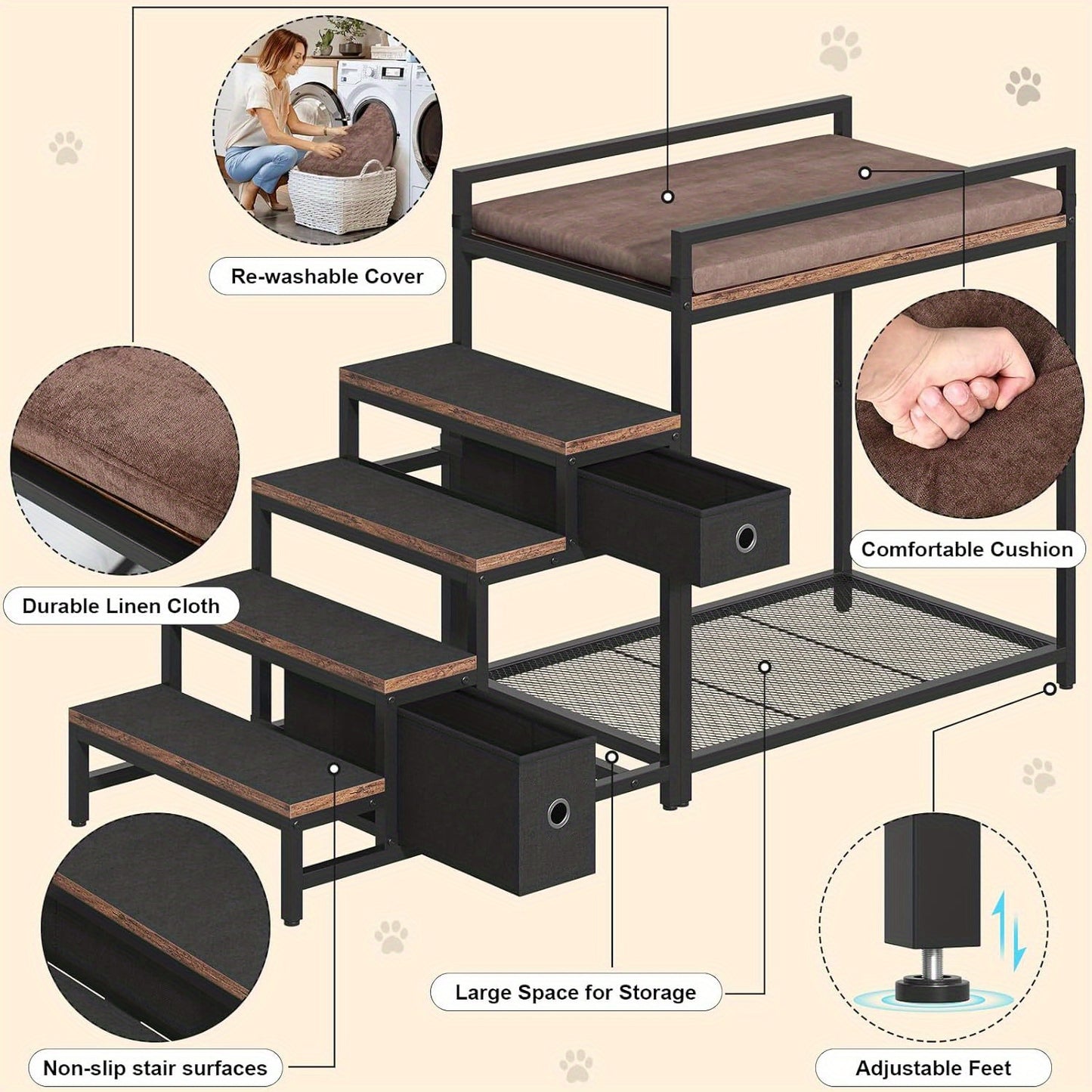 Pet Bunk Bed with Stairs and Storage for Dogs and Cats Multi-Level Elevated Lounge