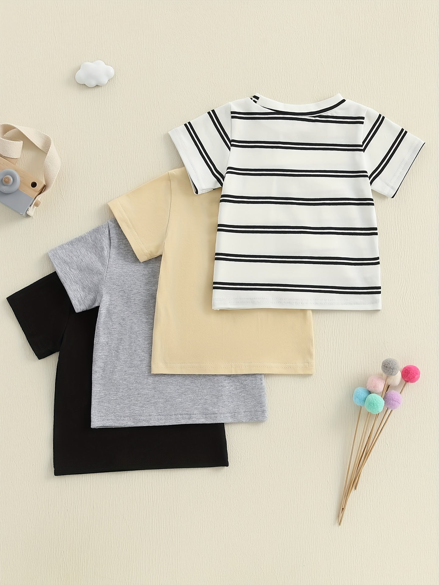 Toddler Baby Summer T-Shirt 4pcs Set Loose Fit Solid/Striped Crew Neck Short Sleeve Tops, Suitable for Outdoor Leisure