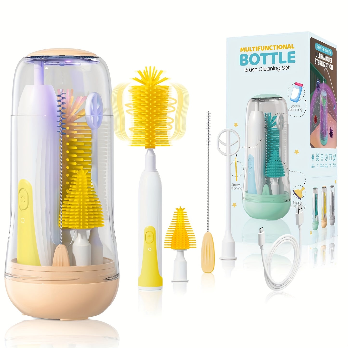 Portable Electric Baby Bottle Brush Set with Silicone Brushes and Travel Storage Box