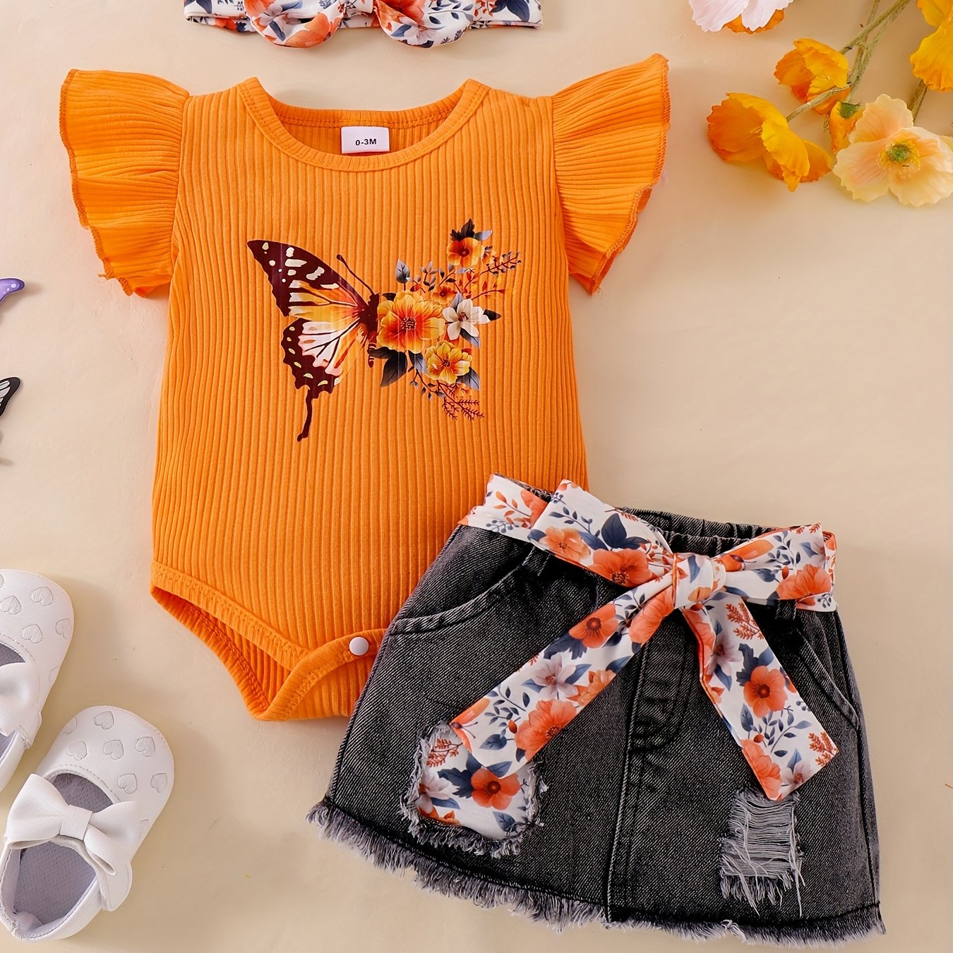 CETEPY Youngsters Girl Summer Clothes Cute Butterfly Printed Romper + Denim Skirt + Headband 3pcs Shorts Set 0-18 Months