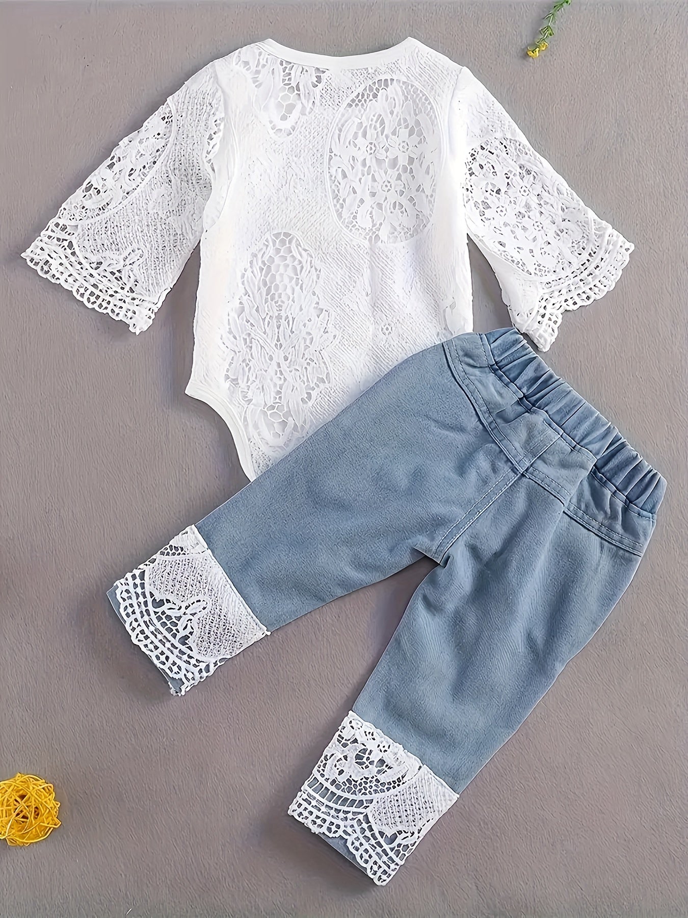 Coquette Baby Outfit 3Pc Lace Romper Denim Set Headband