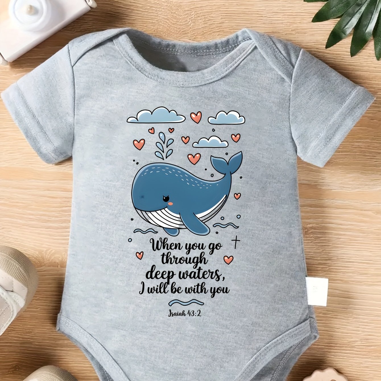 Inspirational Baby Onesie with Whale Design Isaiah 41:10 for Boys and Girls 0-12 Months