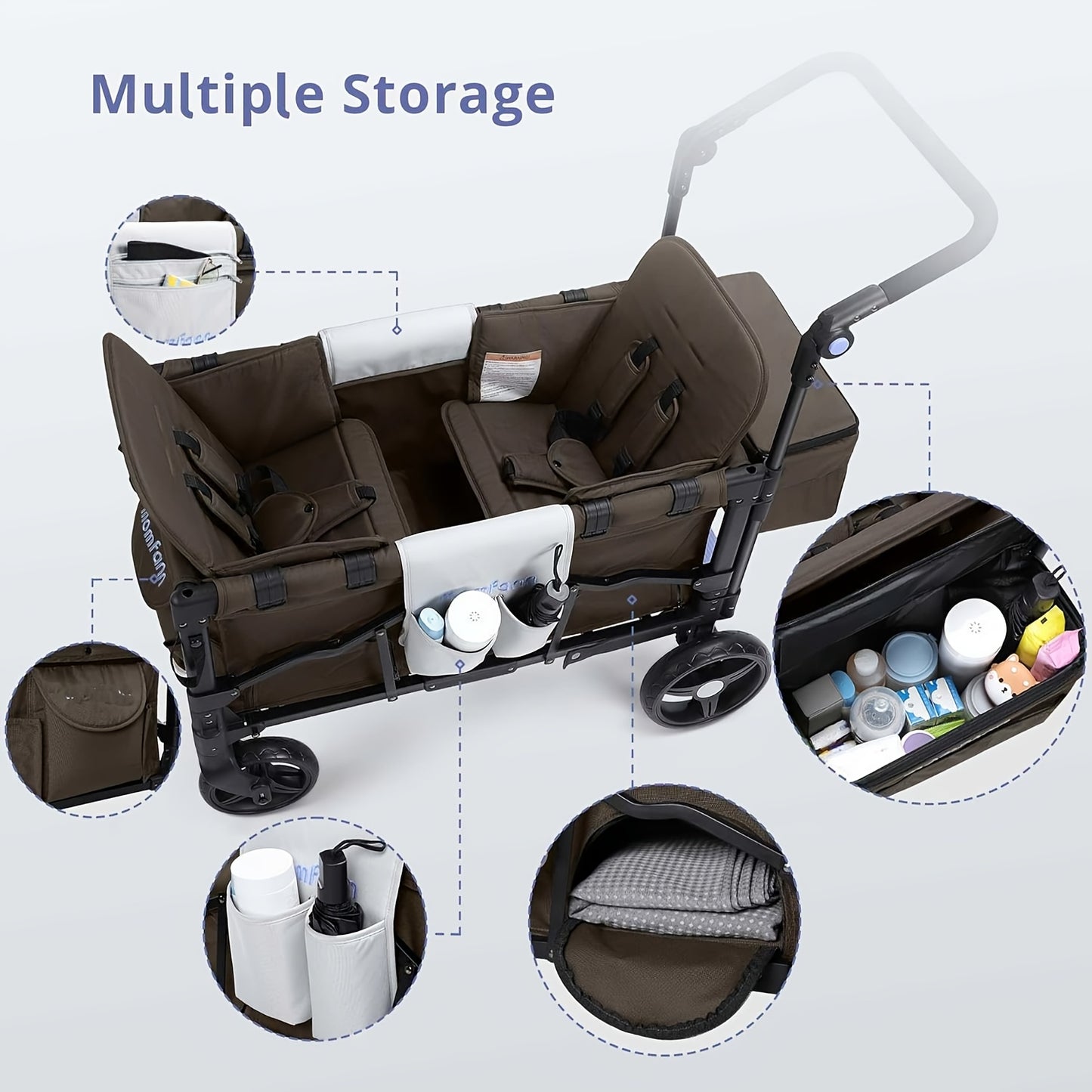 Folding Stroller Wagon Collapsible Wagon For 2 Kids, Baby Wagon Stroller With Adjustable Handle For Infants Toddlers Includes Canopy & Organizer, Foldable Convenient For Storage, Outdoor Garden Beach