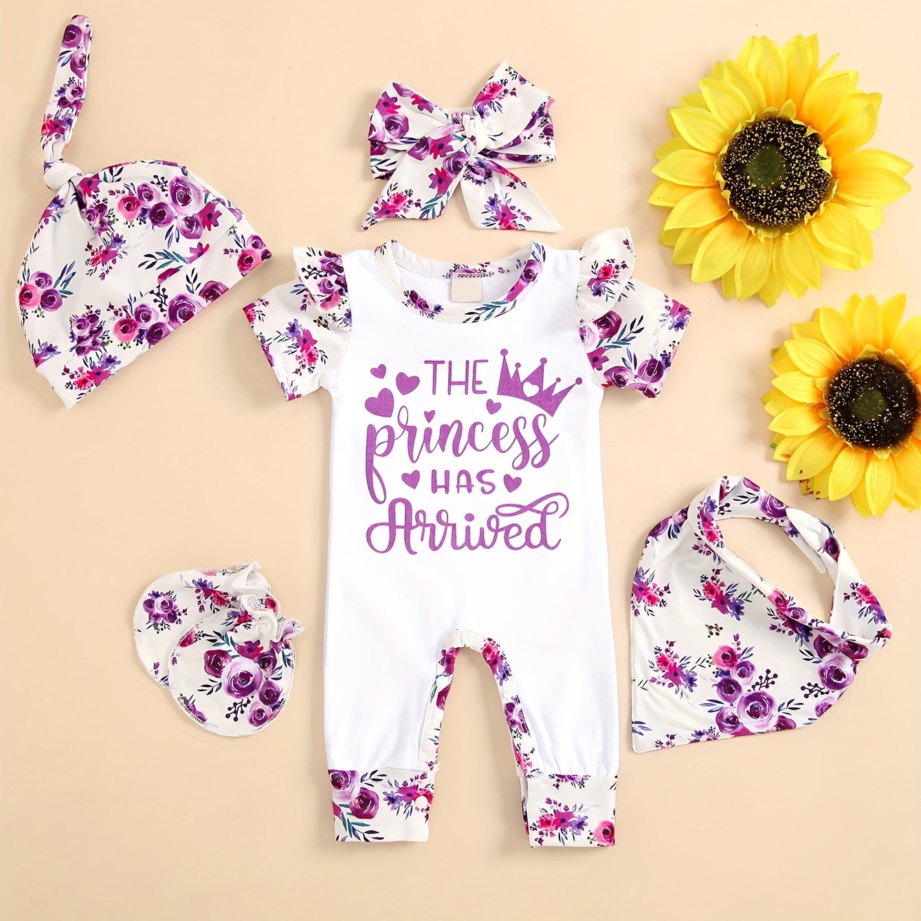 [Floral Baby Romper] Floral Newborn Baby Girl Romper | Infant Letter Print Bodysuit Jumpsuit+Hat+Headband+Gloves Coming Home Clothes Outfits