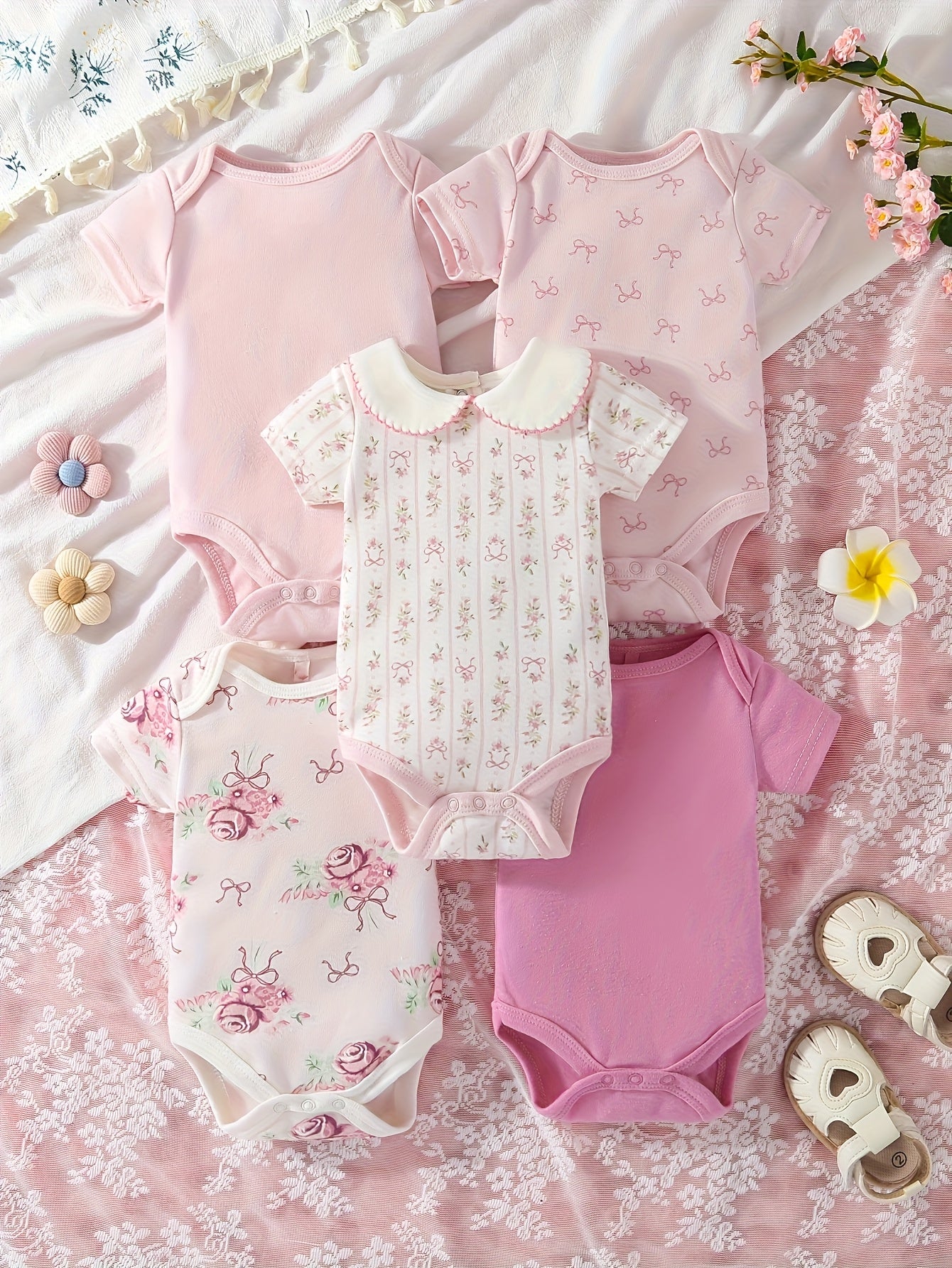 Pink Baby Girl Short Sleeve Triangle Jumpsuit Set Flowers