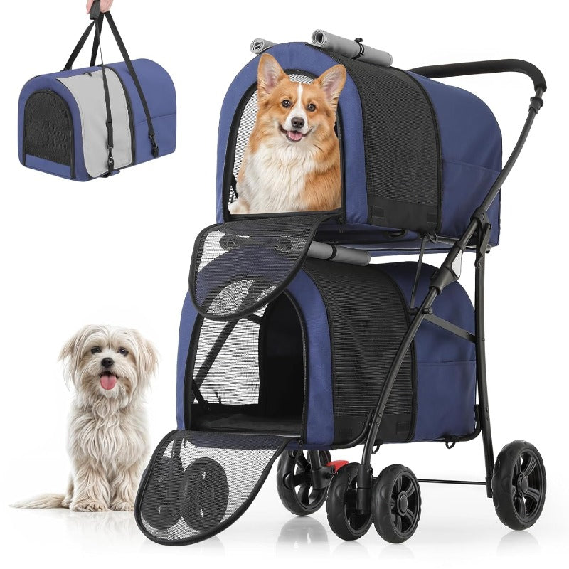 Double Dog Stroller with Detachable Carrier Bags Large 4 Wheels Foldable Jogger for Small and Medium Dog Cats