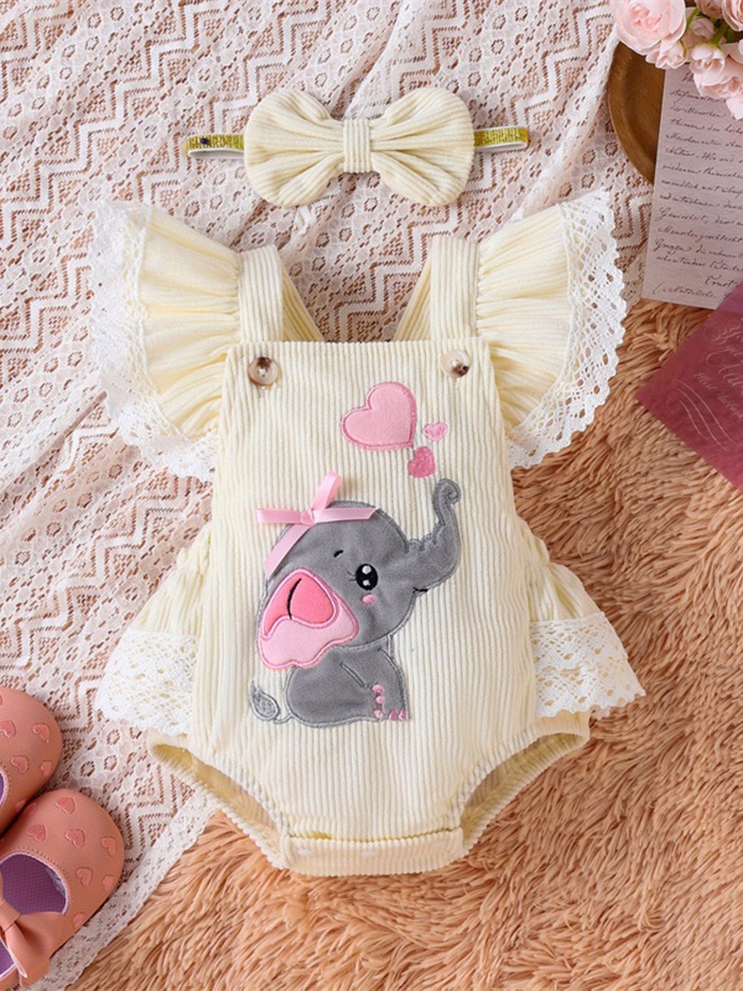 0.0-59.06ft Cute Girl Set, 2pcs Embroidered Elephant Love jumpsuit+Butterfly Bow Hairband Summer Clothing, for Outdoor
