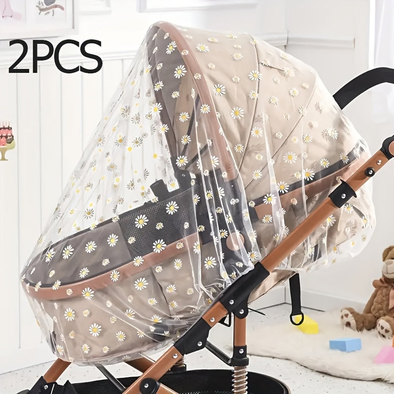 2pcs Portable Daisy Print Mosquito Net for Stroller, Youngsters Pram Netting Cover with White Daisy Pattern, Durable Chenille Fabric, Perfect Fit for Strollers, Bassinets, Mini Cribs & Playards – Machine Washable, Youngster