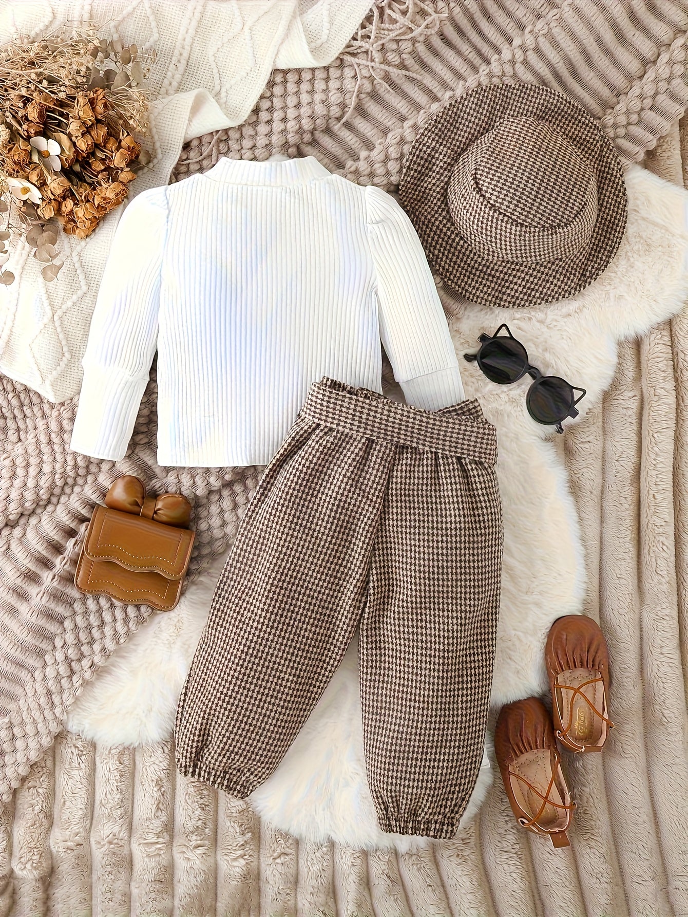 Autumn Winter Baby Girl Knit Set With Checkered Pants Hat