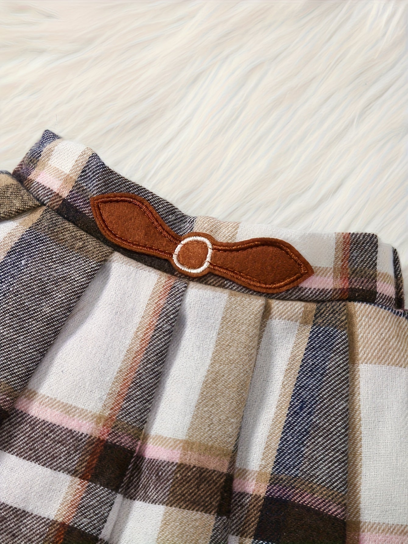 3 Piece Baby Girl Long Sleeve High Neck Shirt Velvet Seal Embroidered Plaid Skirt And Pants Set For Autumn And Winter