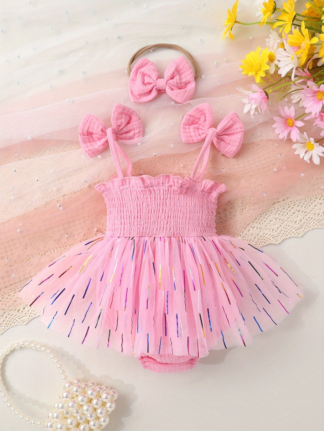 2pcs Soft and Comfortable Fashionable Cute Girls' Letter Print Parallel Ruffle Bow Tie Halter Neck Gradient Color Stripes Mesh Dress Bodysuit and Hairband Set