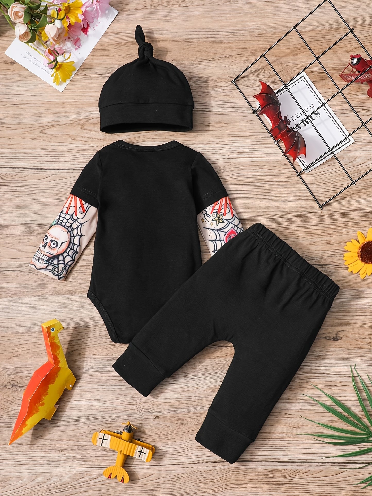 Newborn Baby Boy Tattoo Print Striped Romper Set With Black Pants Three Piece Outfit