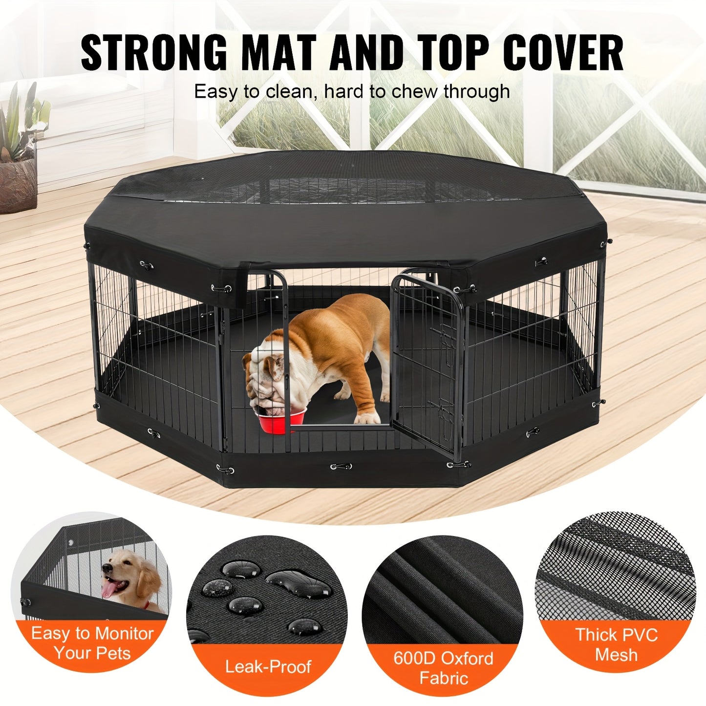 Thick Iron Wire Square Tube Sports Pet Fence with Top Cover and Ground Mat 8pcs Mesh Sheets