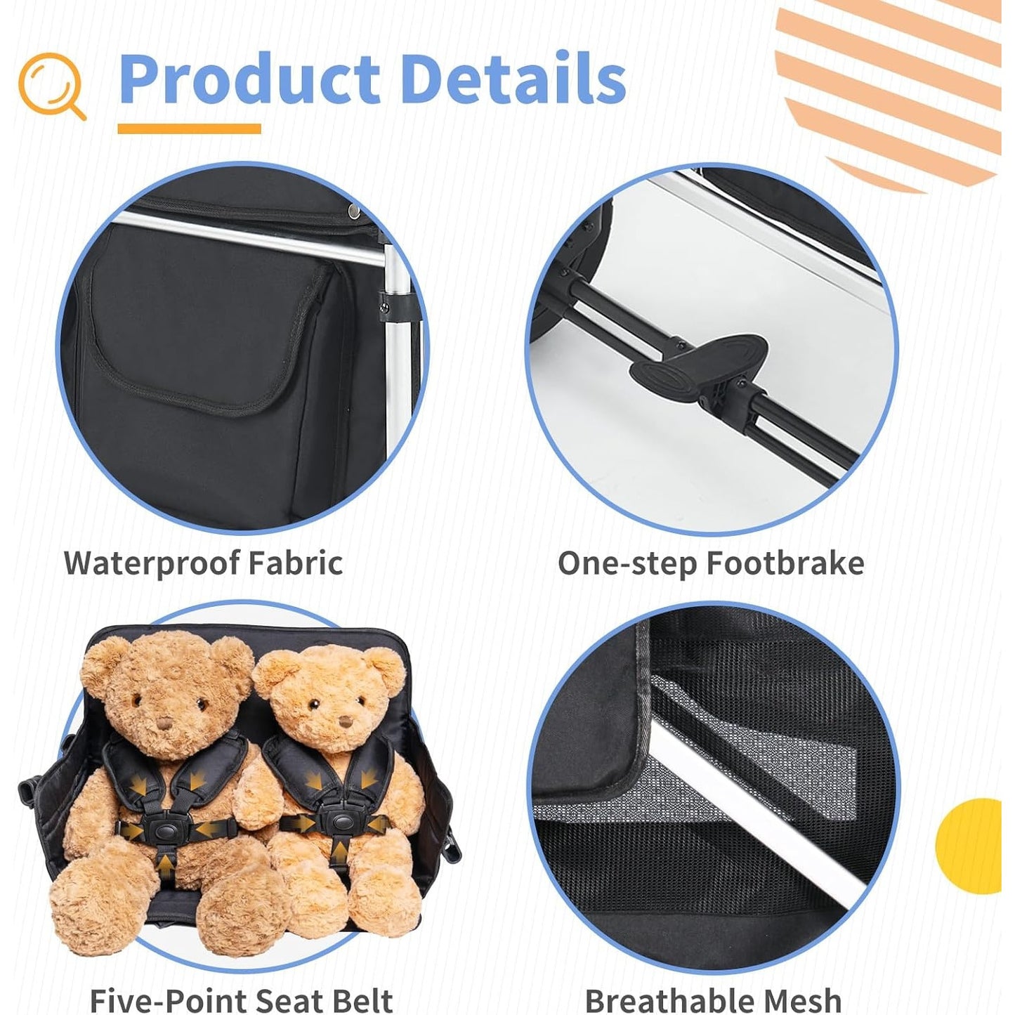 Big Multi-Function Trolley, Wagon Cart Featuring 4 High Seat with 5-Point Harnesses and Adjustable Canopy, Foldable Double Push Bar Wagon Stroller for Outdoor Garden, Stroller, Camping (Black-G)