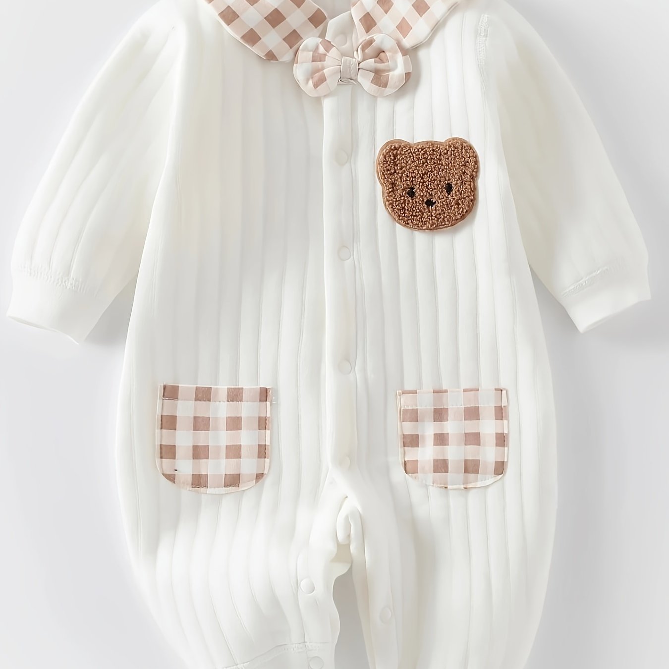 Cozy Bear Cotton Romper With Striped Collar And Pockets