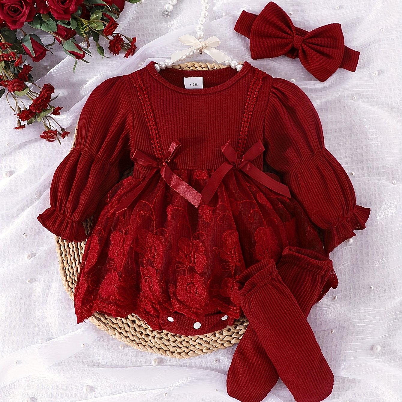 Baby Girl Outfit Set Embroidered Tulle Bow Romper Dress