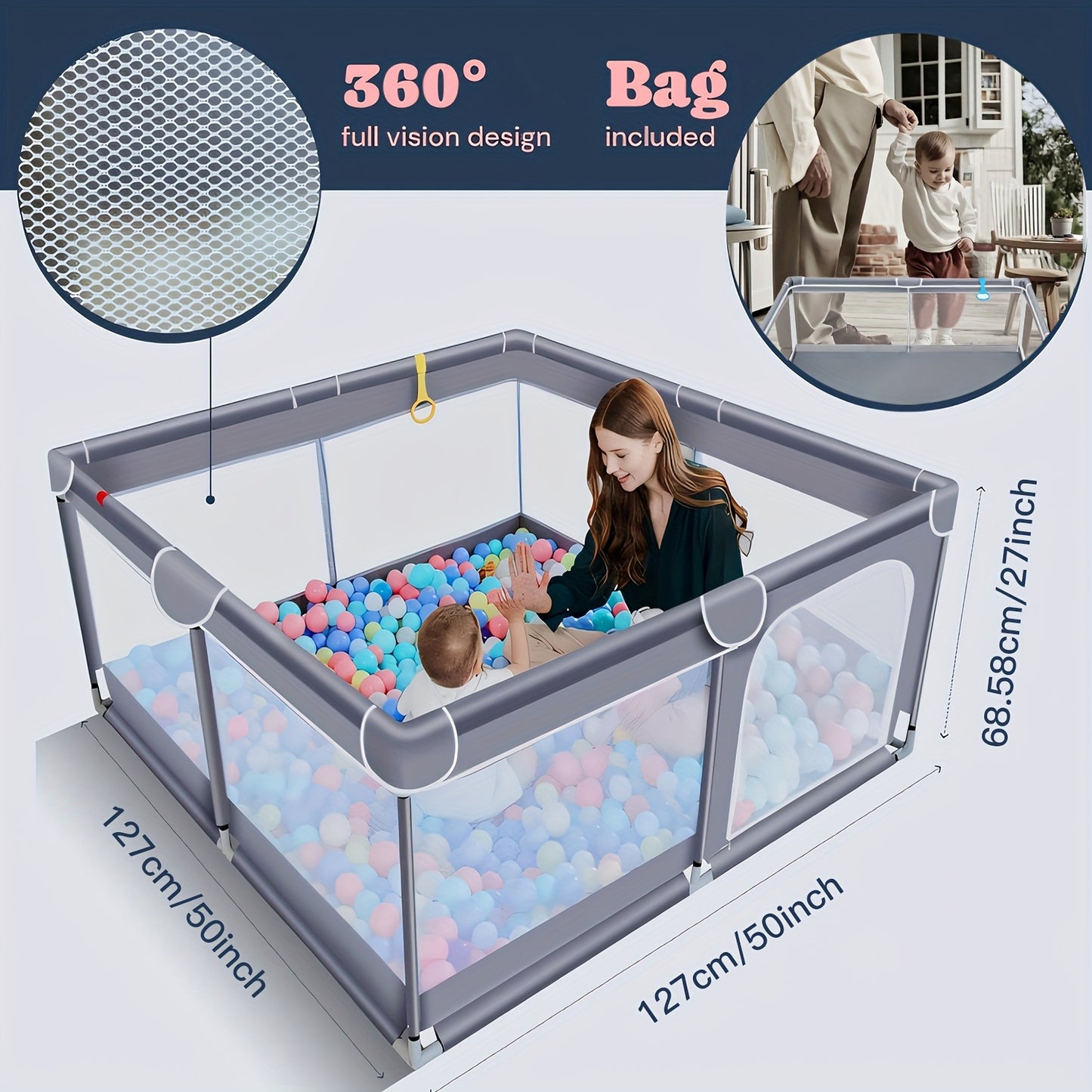 50x50 Inch Baby Playpen with Soft Mesh and Skin Friendly Fabric for Indoor and Outdoor Fun