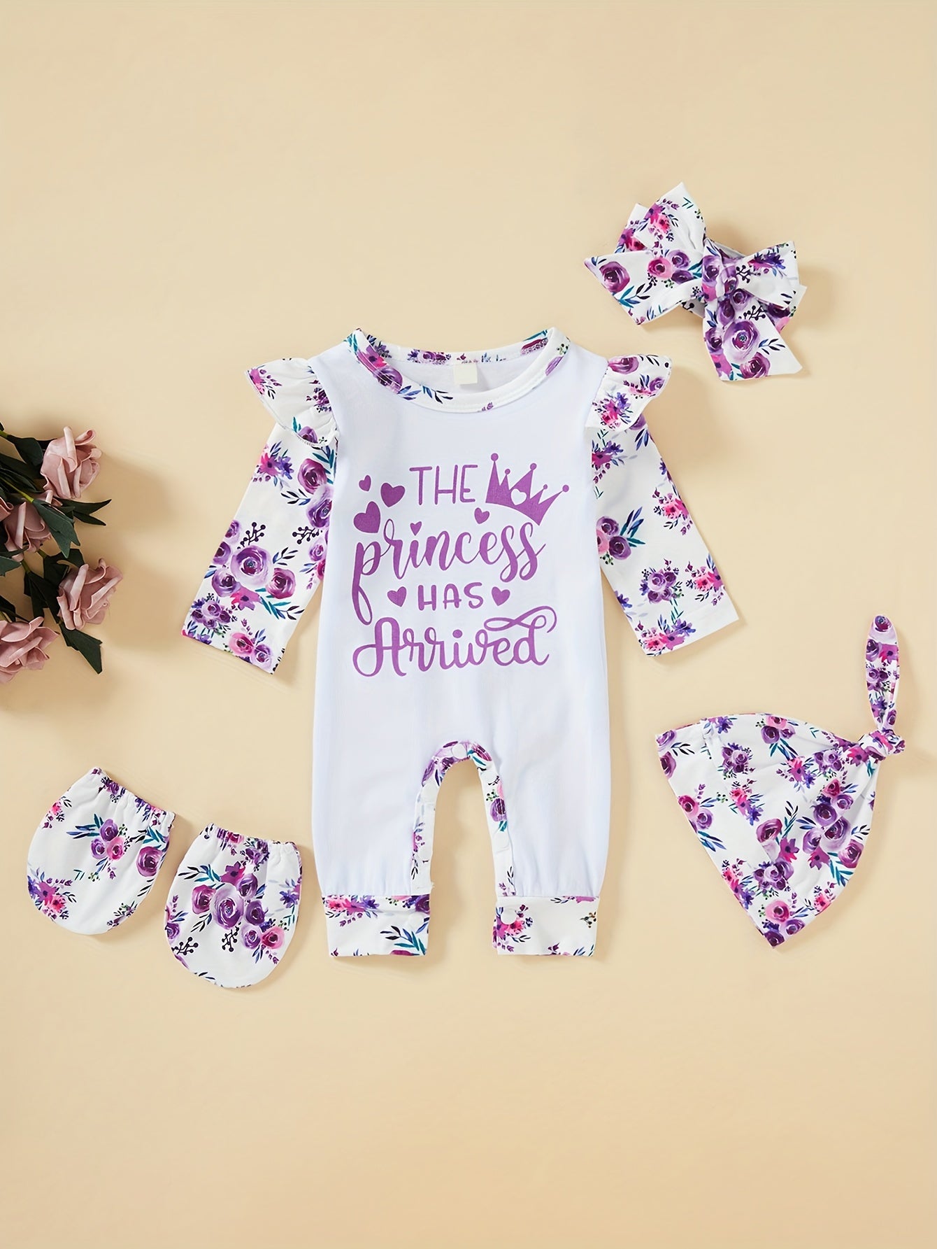 [Floral Baby Romper] Floral Newborn Baby Girl Romper | Infant Letter Print Bodysuit Jumpsuit+Hat+Headband+Gloves Coming Home Clothes Outfits