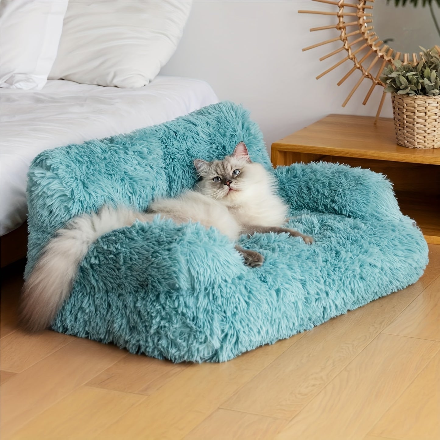 MewooFan Plush Cat Sofa Bed for Cats and Small Dogs Soft Blue Indoor Comfort