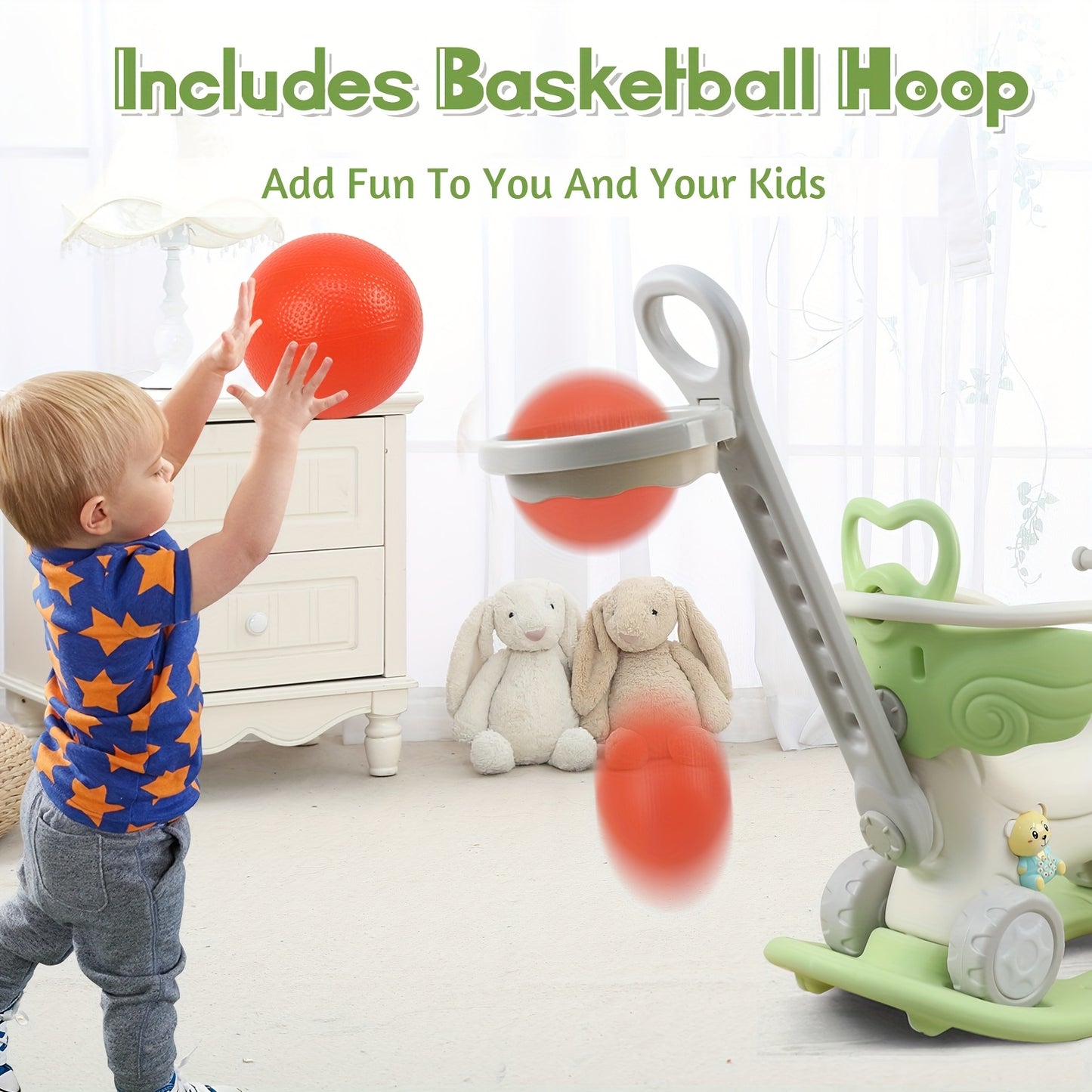 4 In 1 Kids Rocking Horse With Safety Rod Basketball Hoop Balance Toys For Toddlers