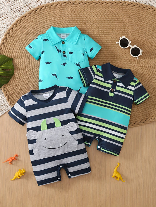 3pcs Baby Boy Summer New Cute Casual Collar Cool Little Monster Striped Jumpsuit 3pcs Set for Boys' Clothes, Perfect for Outdoor