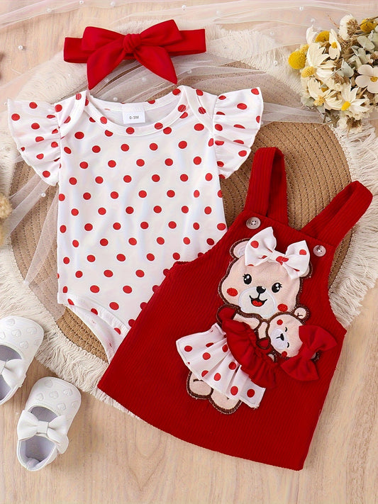 Baby Girl Summer Lace Outfit with Teddy Bear Strap Skirt and Headband 0-18 Months
