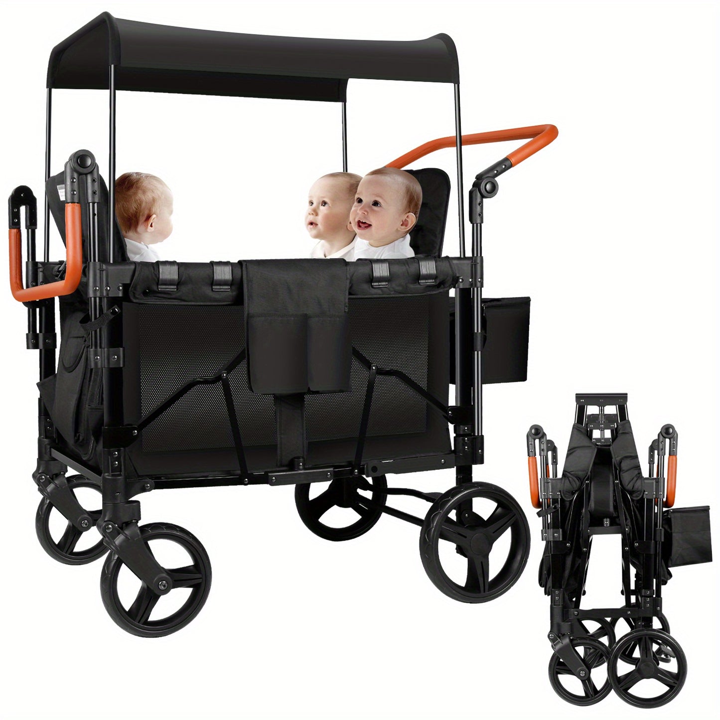 Luxury Foldable Stroller Wagon with Adjustable Canopy - Black/Gray, Durable Iron Frame, Polyester Fabric, 5-Point Harness, Dual Installation, Ideal for Outdoor Adventures, Supports Up to 55 lbs, Wagon Stroller, SERLD