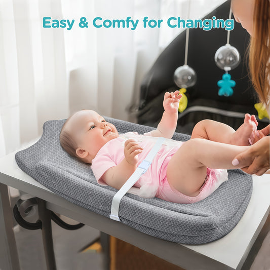 Baby Changing Pad with Safety Strap Non-Slip Base Machine Washable Grey Comfort Cushion