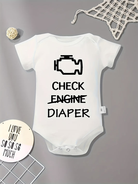 Soft Cotton Check Engine Print Romper for Youngsters Cute Round Neck Machine Washable