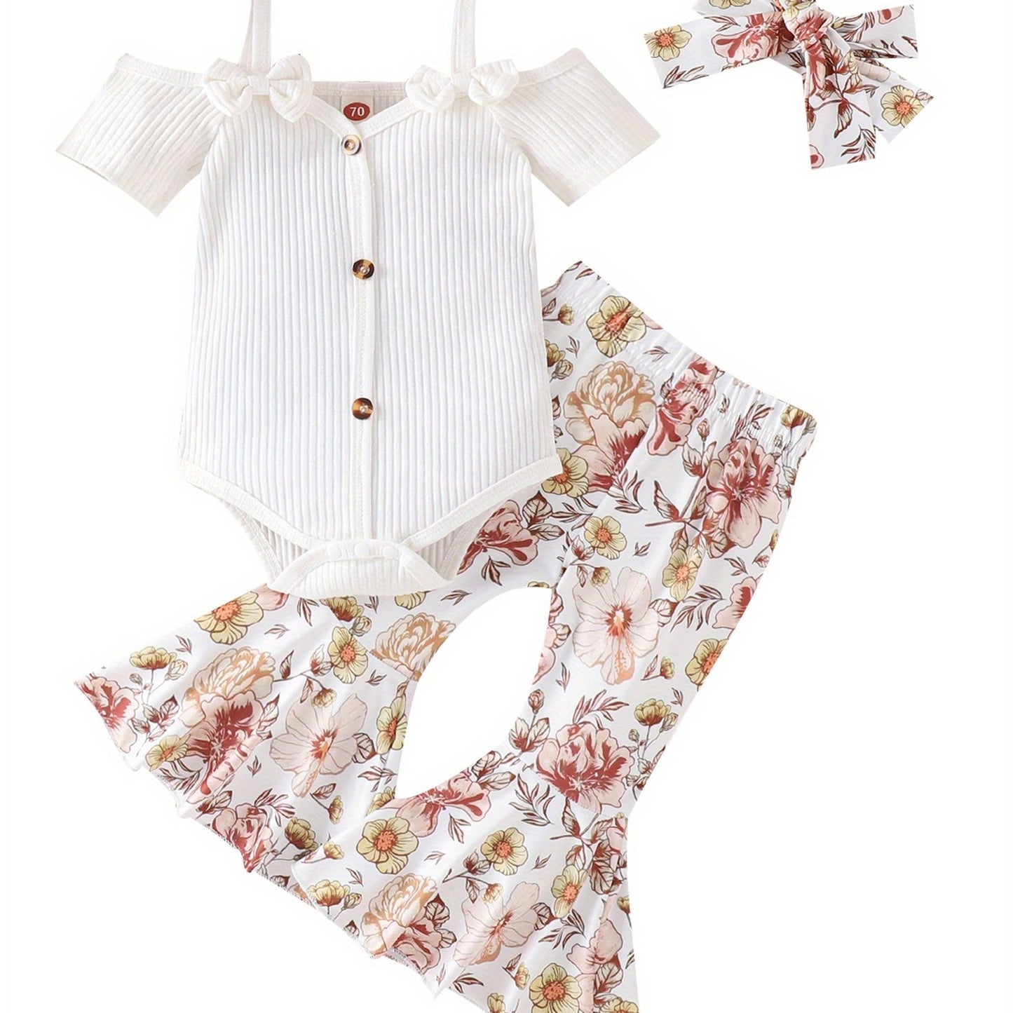 3pcs Baby Girl Spring Outfit Set Cold Shoulder Romper Flare Pants Headband for Outdoors