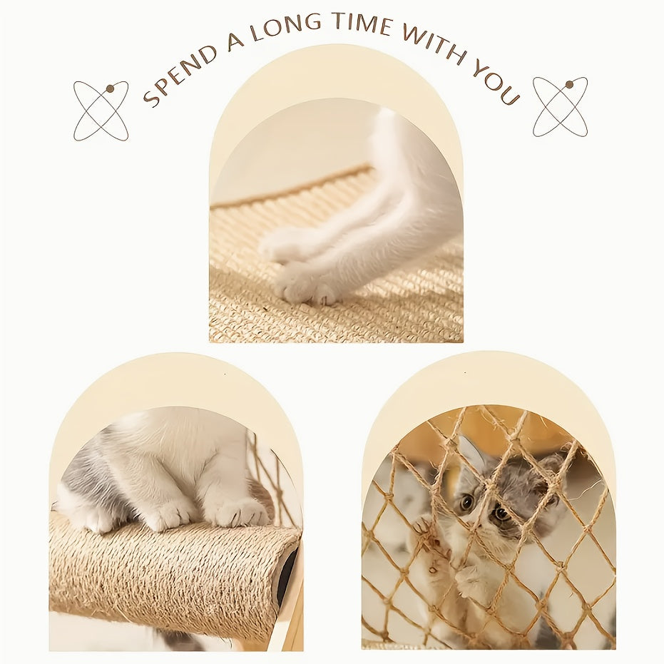 Wooden Cat Tower, Space Capsule Cat Tree with 2 Scratching Posts and Climbing Net Cat Toys, Summer Cat Bed, Indoor Cat Fort Tower Tree for Multiple Cats and Pet Stores, Wooden Cat Nest Jumping Platform Cat Scratcher Integrate