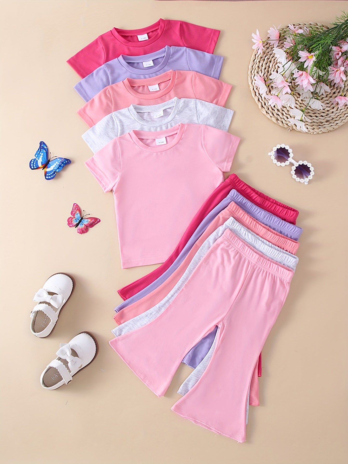 10pcs Toddler Outfit Set, Soft Comfortable Knitted Fabric, Solid Color, Casual Style, Regular Fit, Polyester 95%, Elastane 5%, Short Sleeve Top and Flared Long Pants Set