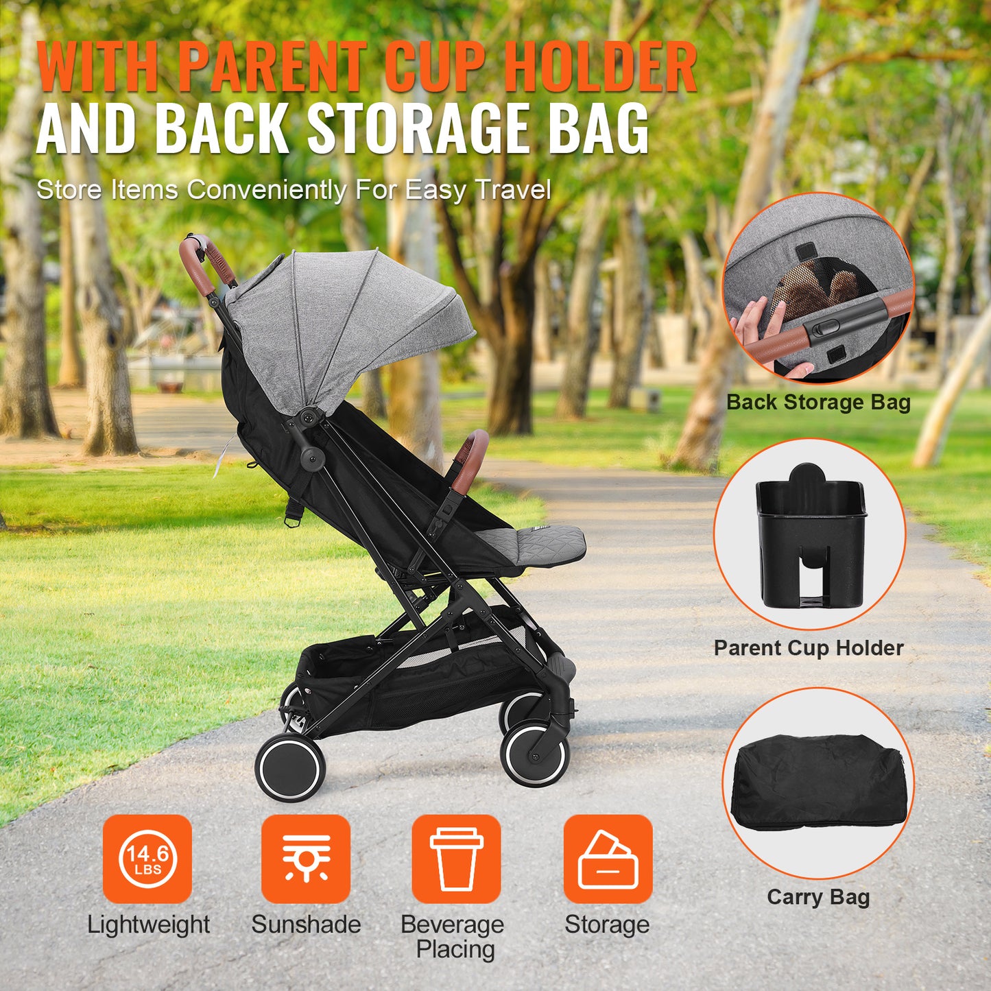 VEvor Dark Grey Standard Stroller - Adjustable Backrest & Footrest, One-Click Fold, Cup Holder - Carry Bag Included